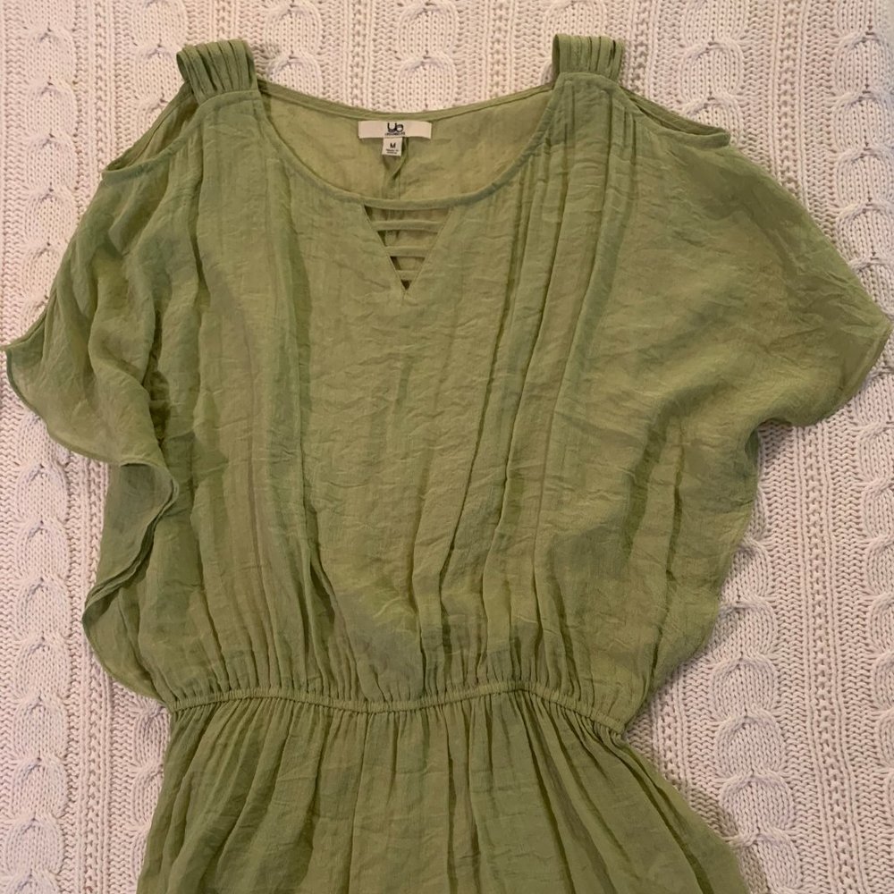 Green Open Shoulder Flowy Sheer Top